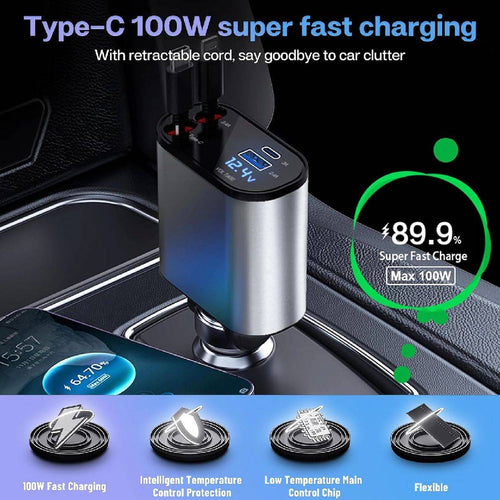 120W 4-in-1 Retractable Car Charger – Super Fast Multi Cable Car Phone Charger Adapter