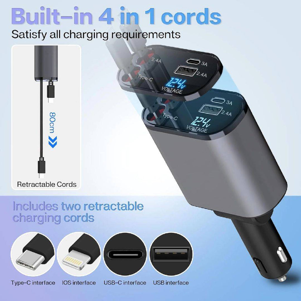 120W 4-in-1 Retractable Car Charger – Super Fast Multi Cable Car Phone Charger Adapter
