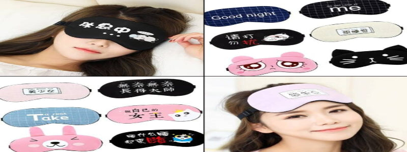 Collage of various sleep masks with different designs and text, including cartoon characters and phrases.